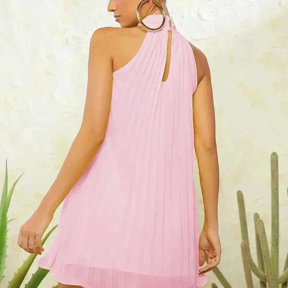Pink Casual Women's Neck Tie Pleated Dress - Picture 2 of 8